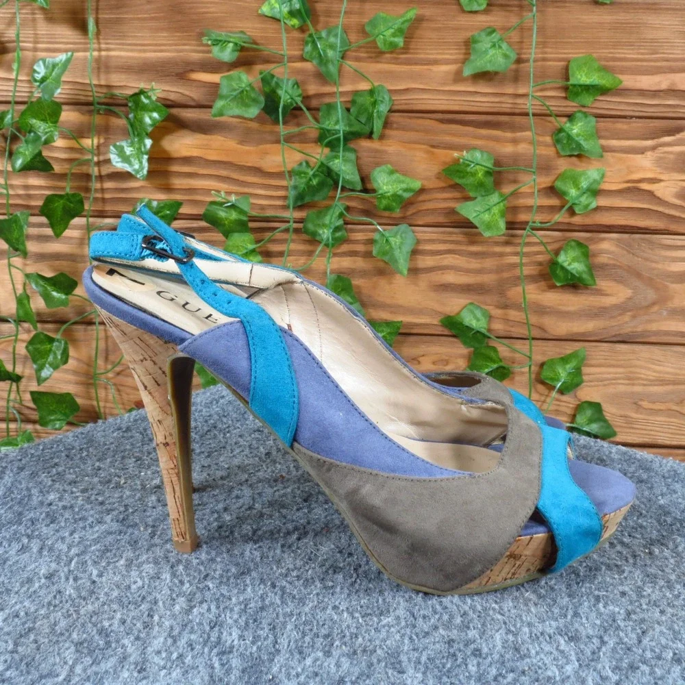 Guess Ruby‎ 2 Women Platform Sandal Size 7 Party Wedding Blue Grey Textile Heel